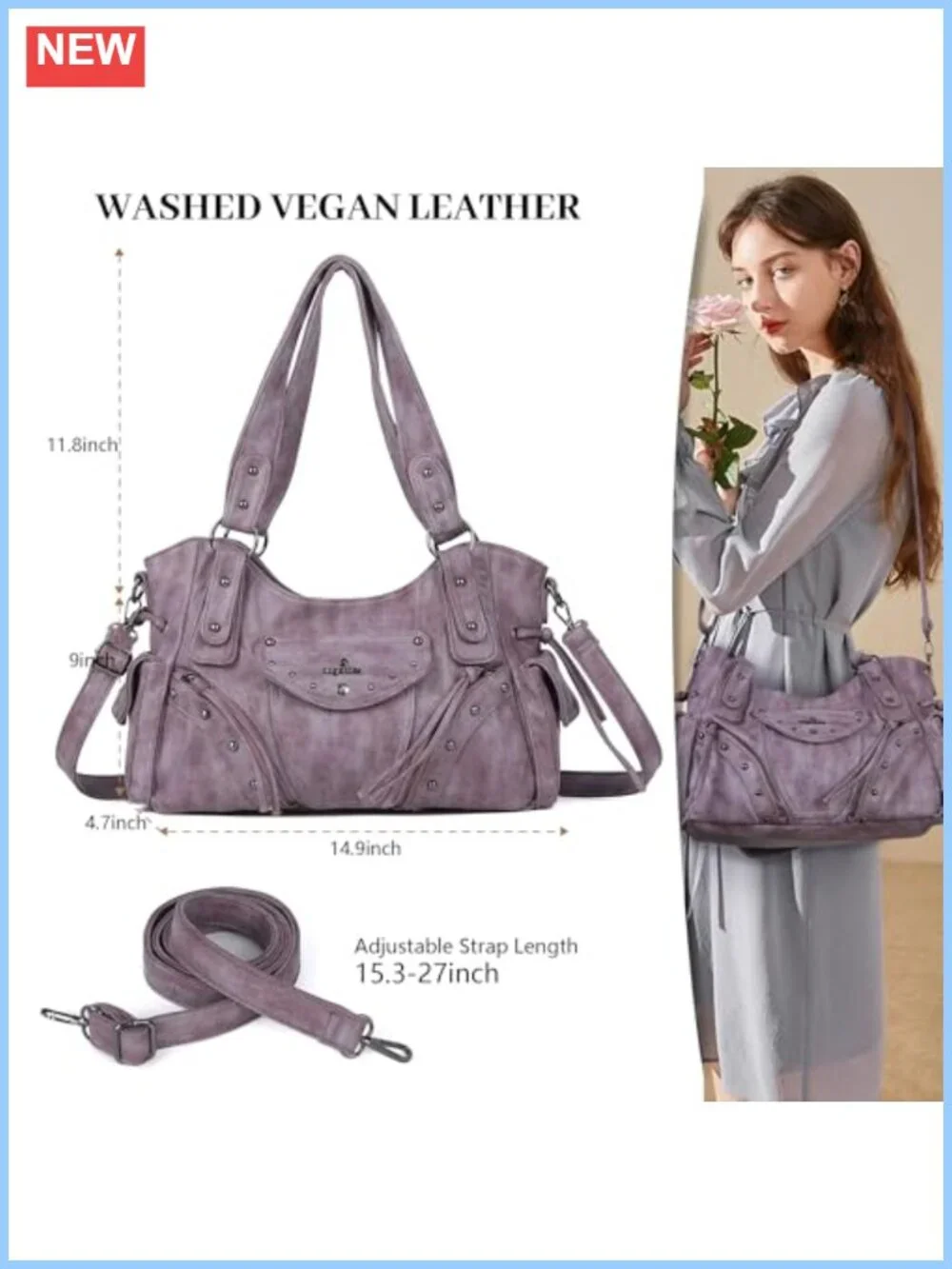 Retro Washed Vegan Leather Hobo Bag with Studded Accents and Crossbody Strap
